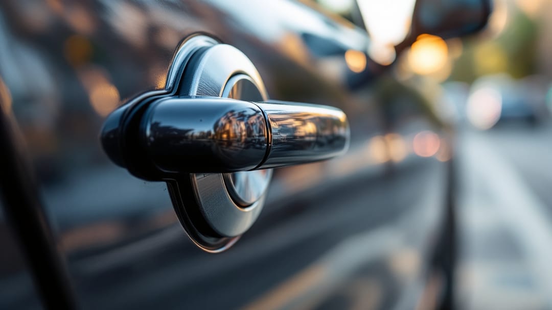 Manija exterior de la puerta del conductor de un carro con la cerradura de llave visible, en primer plano bajo luz de tarde