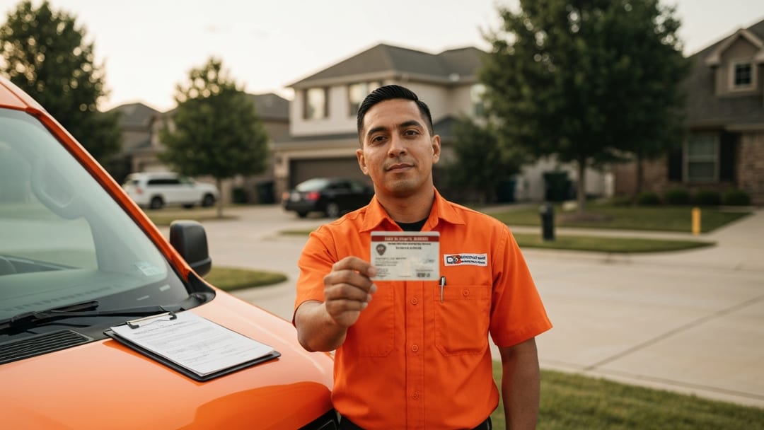 Cerrajero verificado mostrando su tarjeta de licencia estatal junto a su van de servicio en Burleson TX