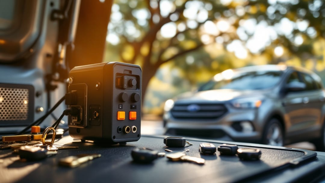 Máquina cortadora de llaves y llaves con chip transponder sobre una mesa de trabajo móvil junto a una Ford Escape gris en Burleson TX