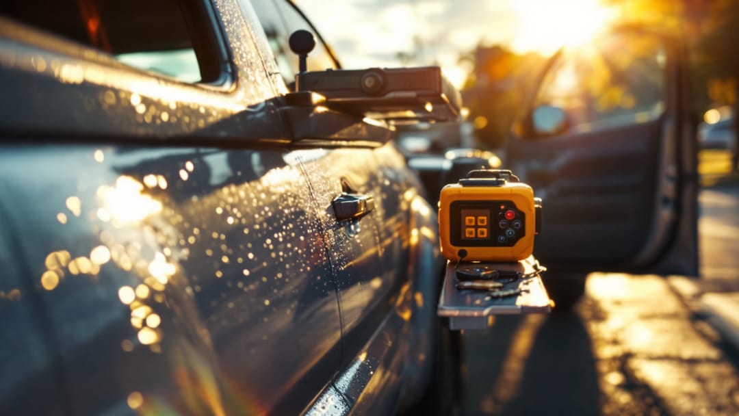 Toyota Tacoma estacionada en una gasolinera de Texas mientras un cerrajero móvil corta y programa una llave con chip transponder