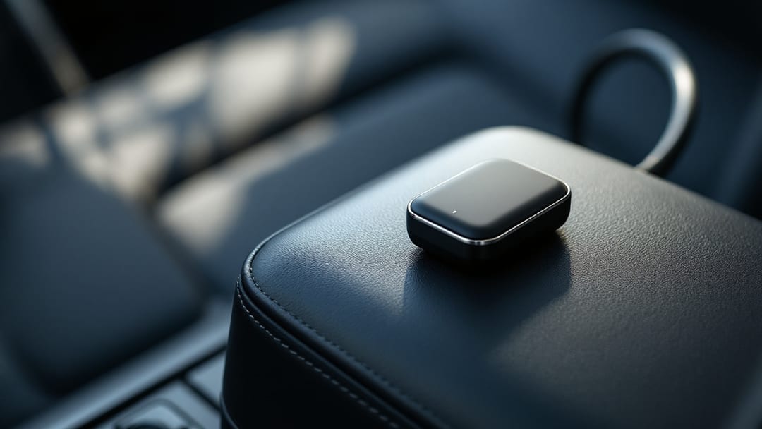 Control de proximidad rectangular de vehículo eléctrico sobre el descansabrazos de una camioneta moderna junto a un cable de carga enrollado