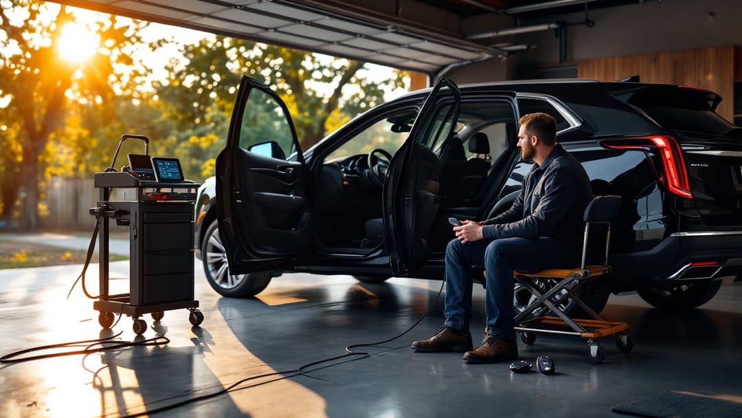 Cadillac XT5 negra bajo una cochera en Burleson TX con equipo de programación de llaves conectado al puerto OBD