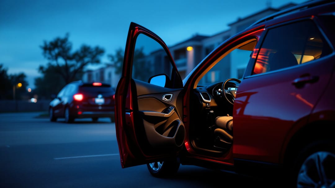 Cerrajero móvil conectando un programador OBD bajo el tablero de un Chevrolet Equinox rojo estacionado en Burleson TX al amanecer