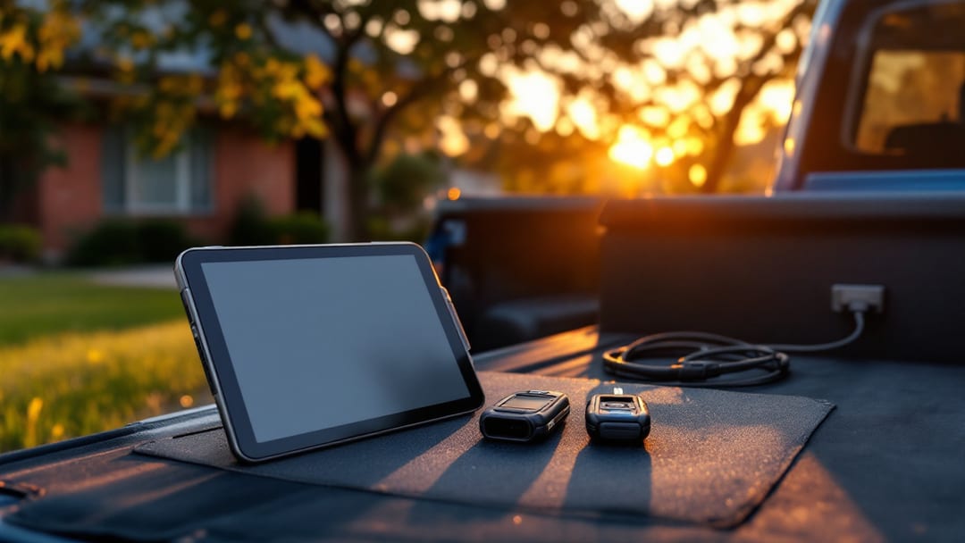 Ford F-150 estacionada en la entrada de una casa suburbana de Texas al amanecer mientras un programador OBD de cerrajero descansa sobre el asiento