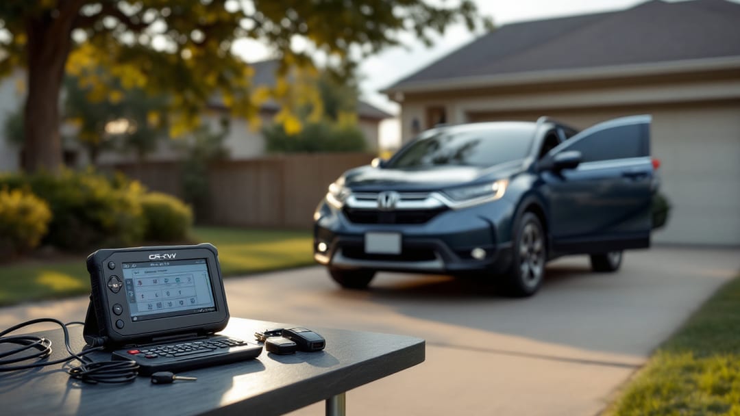 Cerrajero móvil con programador OBD y smart keys en blanco junto a una Honda CR-V estacionada en una entrada residencial de Burleson TX en una mañana nublada