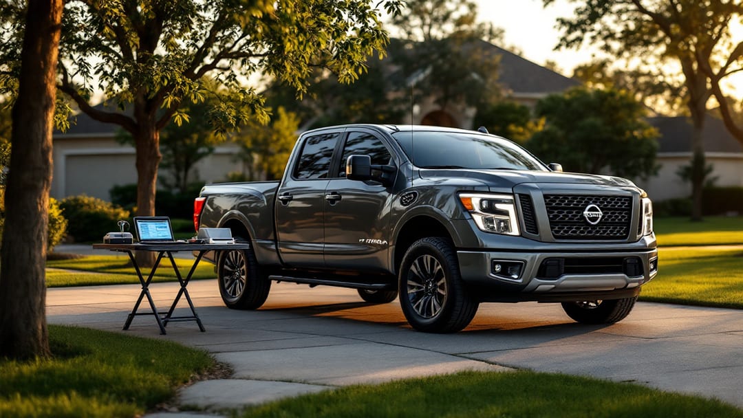 Nissan Titan full-size estacionada en una entrada suburbana de Texas al atardecer con un programador OBD y llaves Intelligent Key en una mesa portátil junto a la puerta abierta