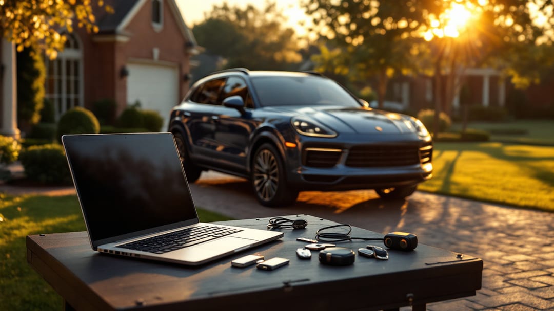 Porsche SUV en una entrada residencial de Texas al atardecer con laptop de diagnóstico y llaves OEM sin cortar sobre una mesa de trabajo de cerrajero