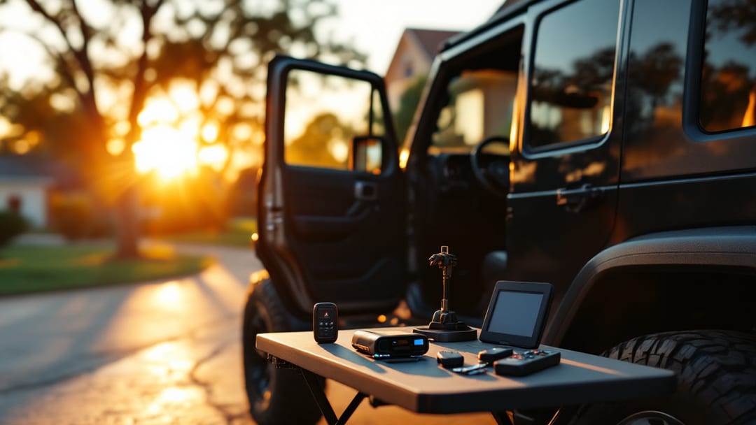 Programador OBD y controles key fob nuevos sobre una mesa de trabajo junto a un Jeep Wrangler estacionado en una entrada suburbana de Texas al atardecer