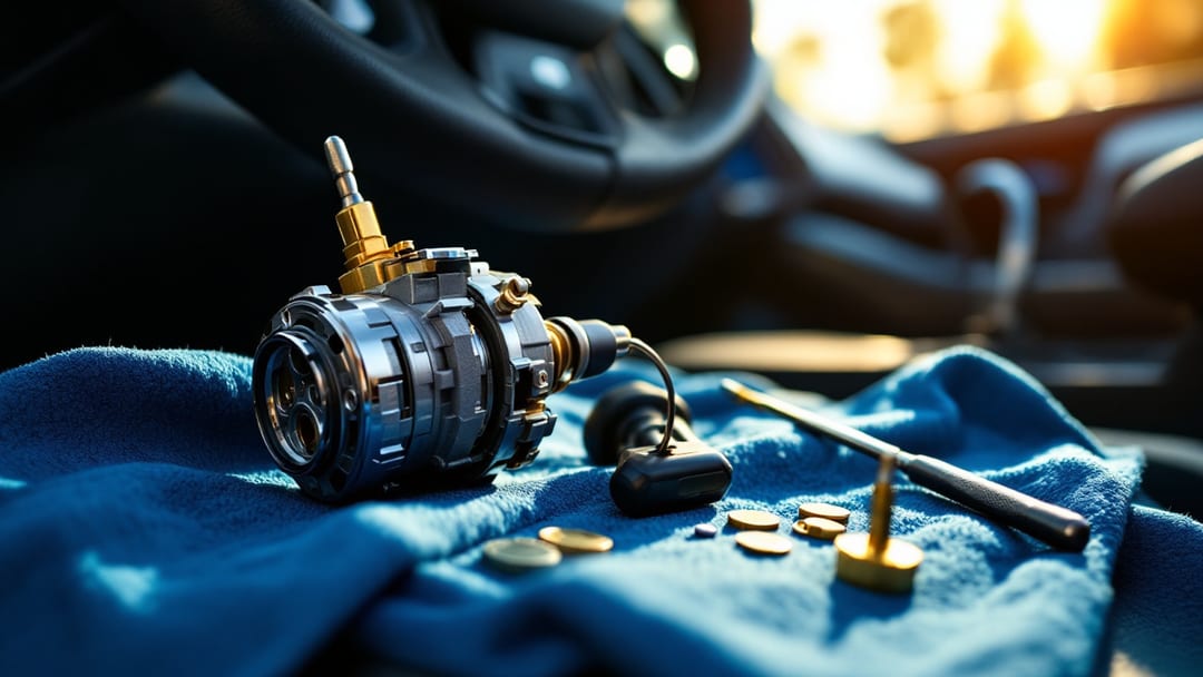 Columna de dirección de una SUV Ford con el cilindro de encendido desmontado sobre un paño azul y herramientas de precisión de cerrajero automotriz alrededor