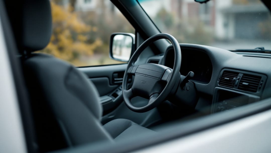 Interior de una SUV de mediados de la década pasada visto desde el asiento del conductor con el volante y la zona de la ignición en primer plano