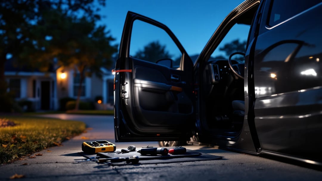 Cerrajero móvil reparando el switch de ignición de una GMC Sierra al anochecer en Burleson, Texas, con lámpara de trabajo iluminando la columna de dirección