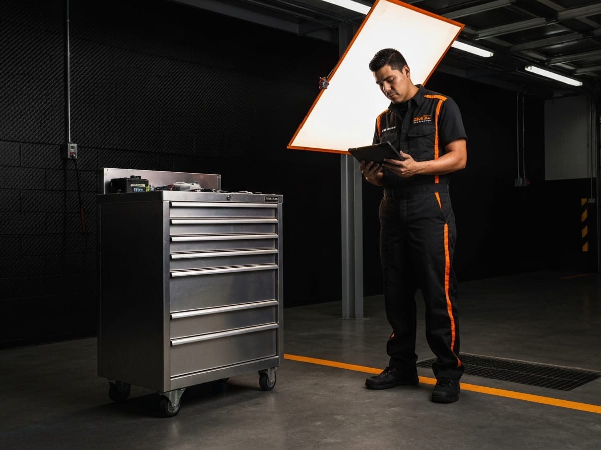 Bay industrial del pit-crew cerrajero en Burleson con tablet Autel IM608 y técnico hispano