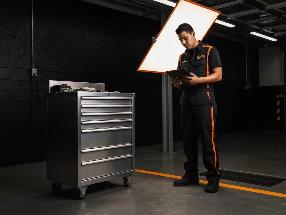 Bay industrial del pit-crew cerrajero en Burleson con tablet Autel IM608 y técnico hispano